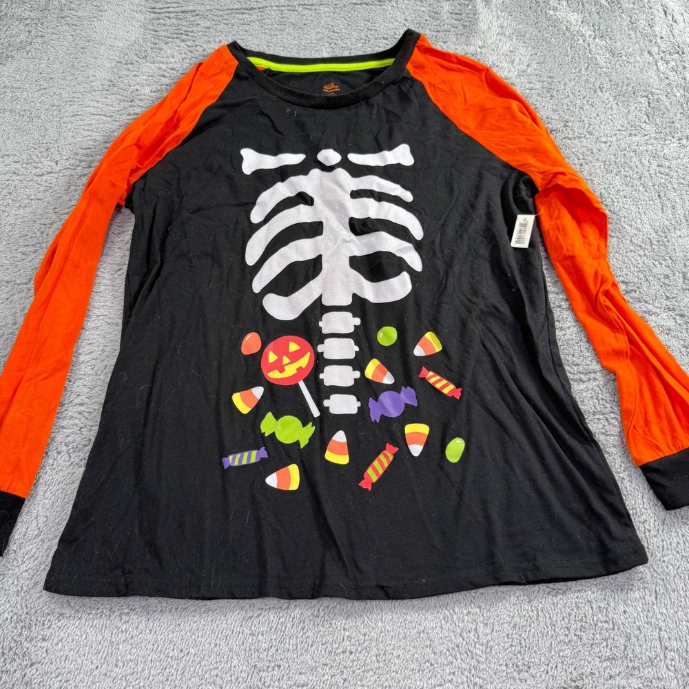 Way to Celebrate Halloween Shirt Girls L 12-14 Black Orange New Skeleton Candy